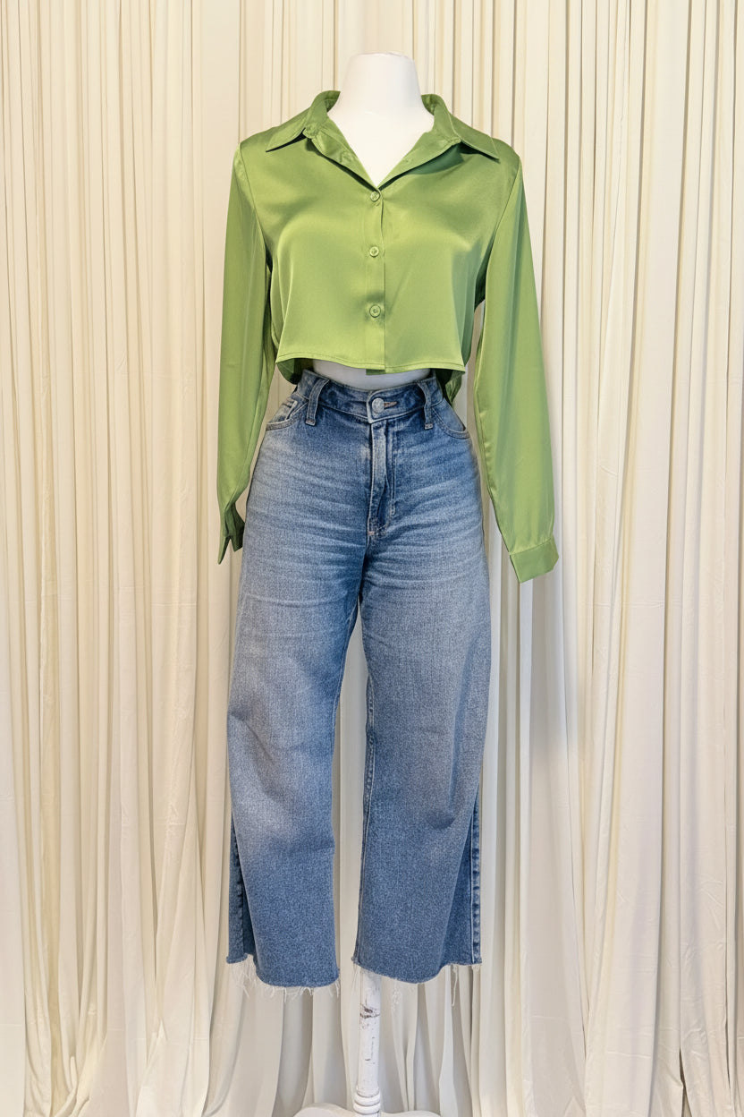 Cropped Satin Button Down Blouse