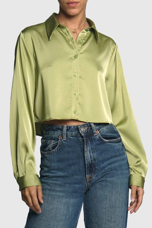 Cropped Satin Button Down Blouse