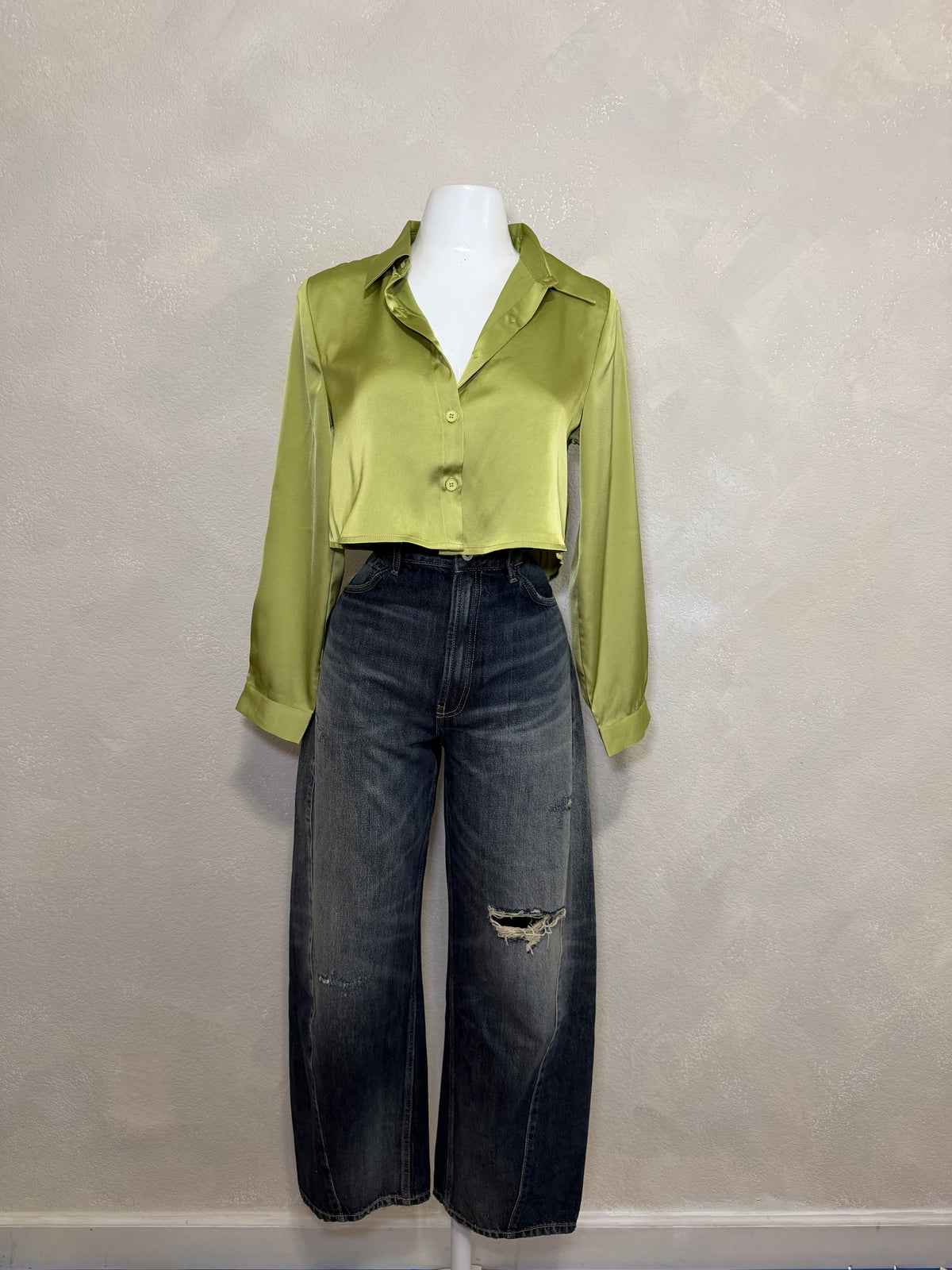 Cropped Satin Button Down Blouse