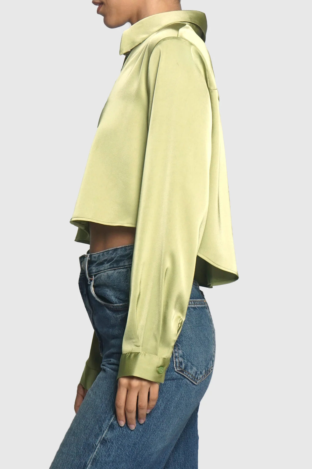 Cropped Satin Button Down Blouse