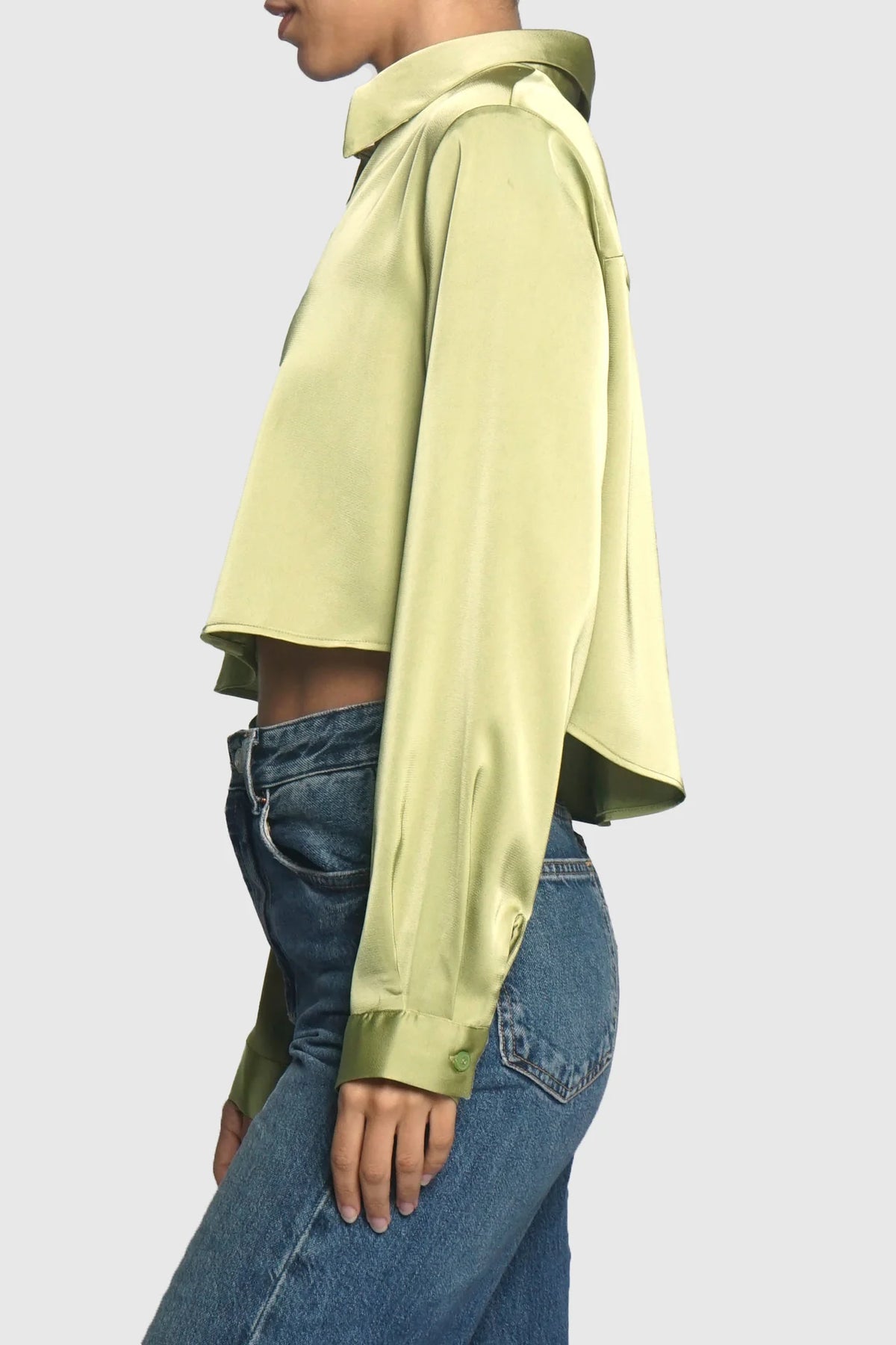 Cropped Satin Button Down Blouse